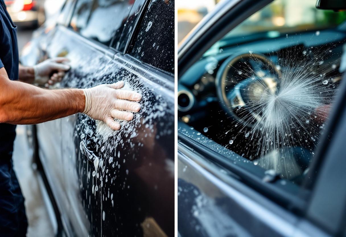 Professional mobile car detailing process showing regular wash service - hand washing, vacuuming interior, and tire shine in Orange County, California - JIMENEZ ROYAL WASH