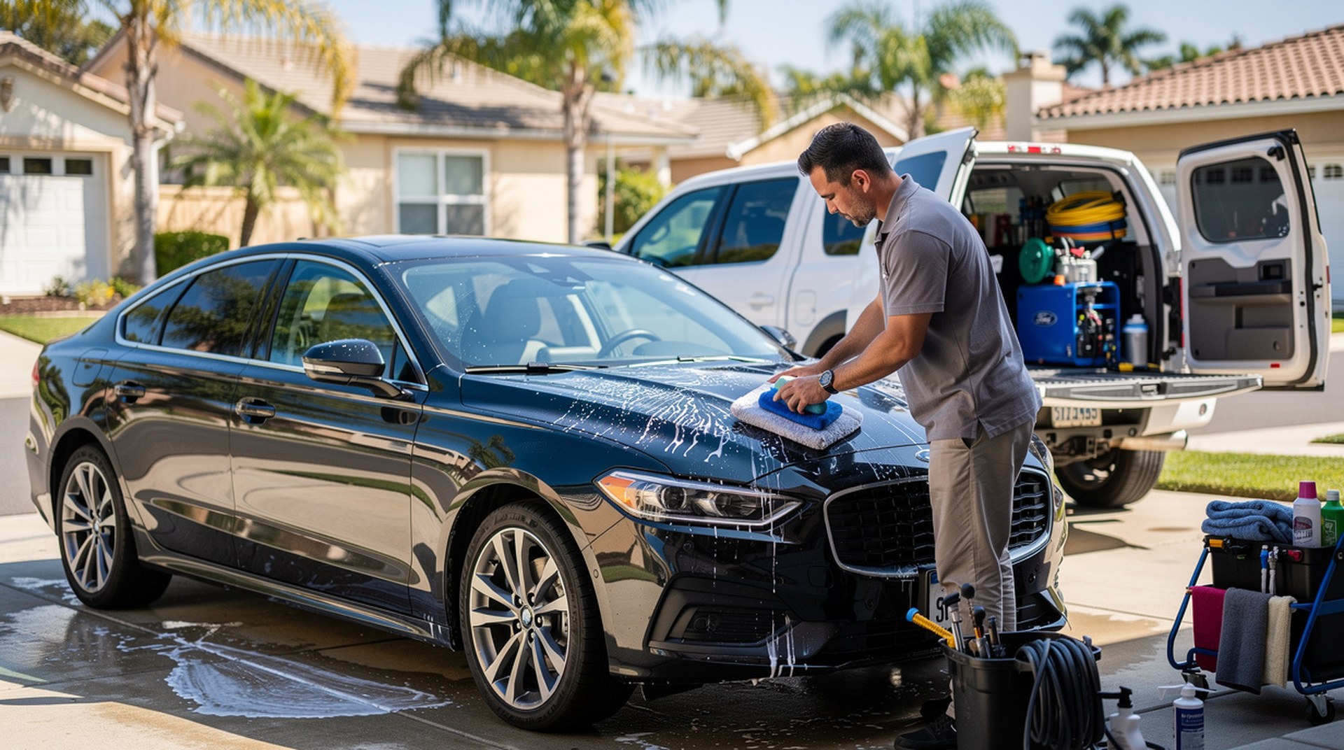 Professional mobile car detailing process showing regular wash service - hand washing, vacuuming interior, and tire shine in Orange County, California - JIMENEZ ROYAL DETAILING