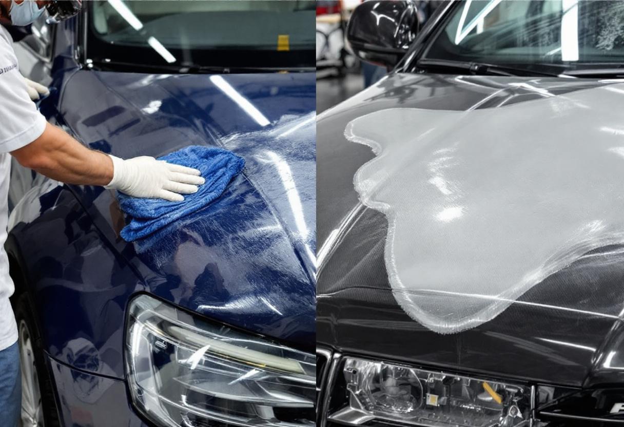 Car paint protection comparison - ceramic coating versus traditional wax application on luxury vehicle in Orange County, CA - JIMENEZ ROYAL WASH
