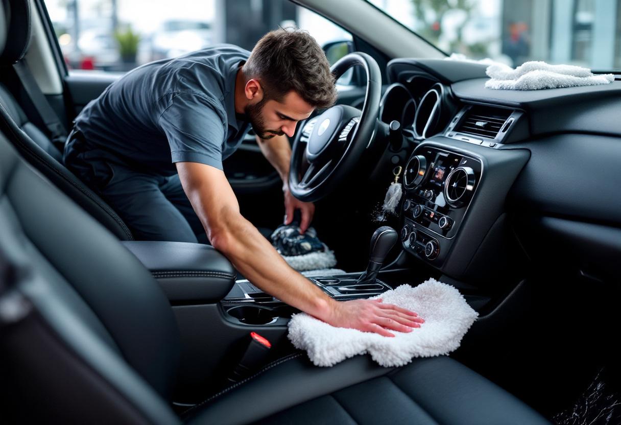 Professional car interior detailing process - vacuuming and shampooing car seats in Orange County, California - JIMENEZ ROYAL WASH