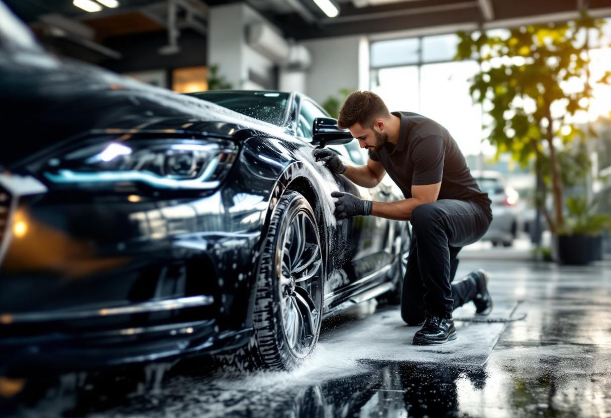 Professional mobile car detailing service at business location - luxury car being detailed at office parking lot in Orange County, CA - JIMENEZ ROYAL WASH