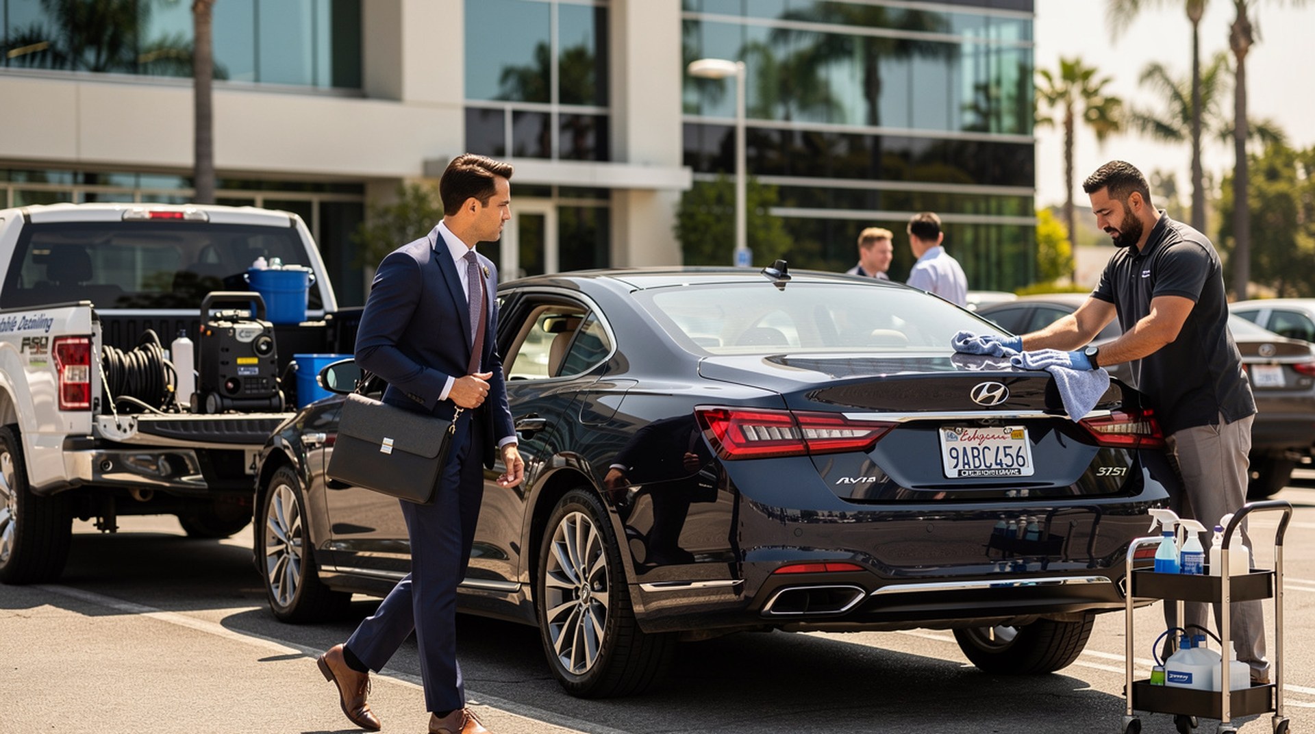 Professional mobile car detailing service at business location - luxury car being detailed at office parking lot in Orange County, CA - JIMENEZ ROYAL DETAILING