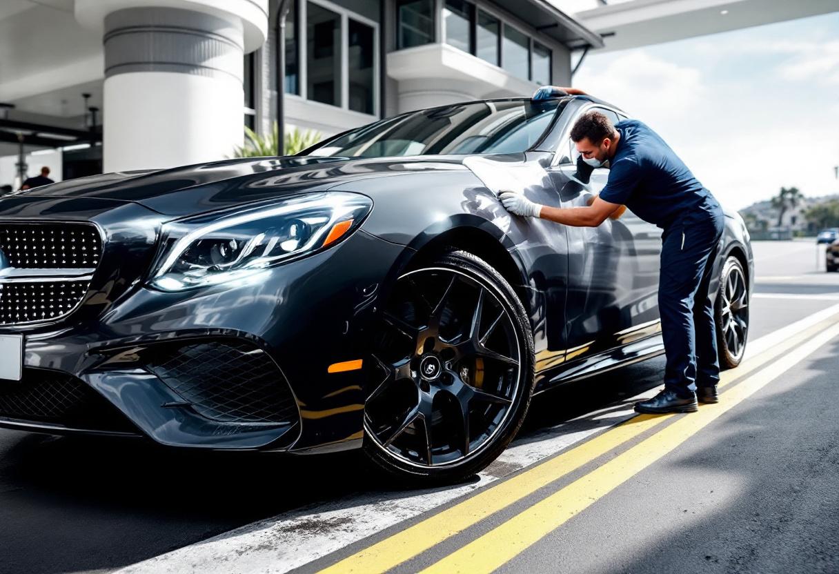 Professional mobile car detailing service in Dana Point, Orange County, California - hand washing and detailing luxury vehicle at customer location - JIMENEZ ROYAL WASH