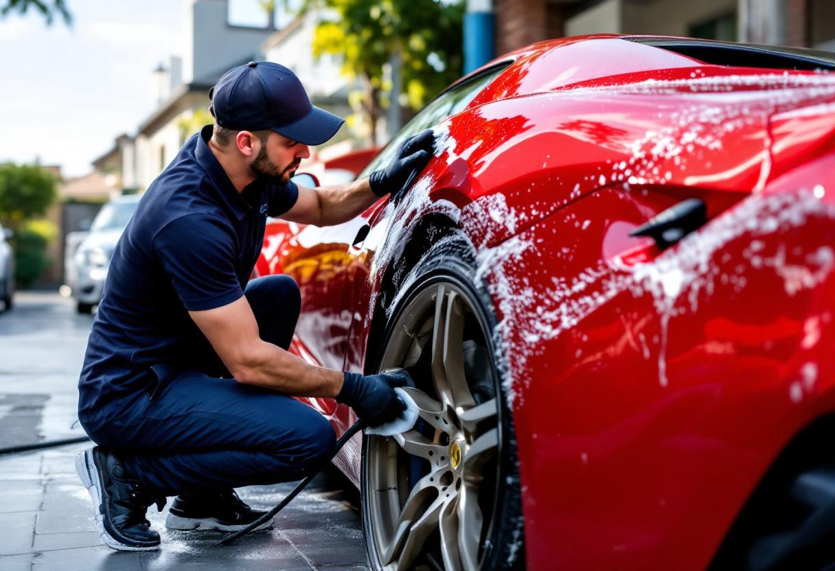 Professional mobile car detailing service in Fountain Valley, Orange County, California - hand washing and detailing luxury vehicle at customer location - JIMENEZ ROYAL WASH