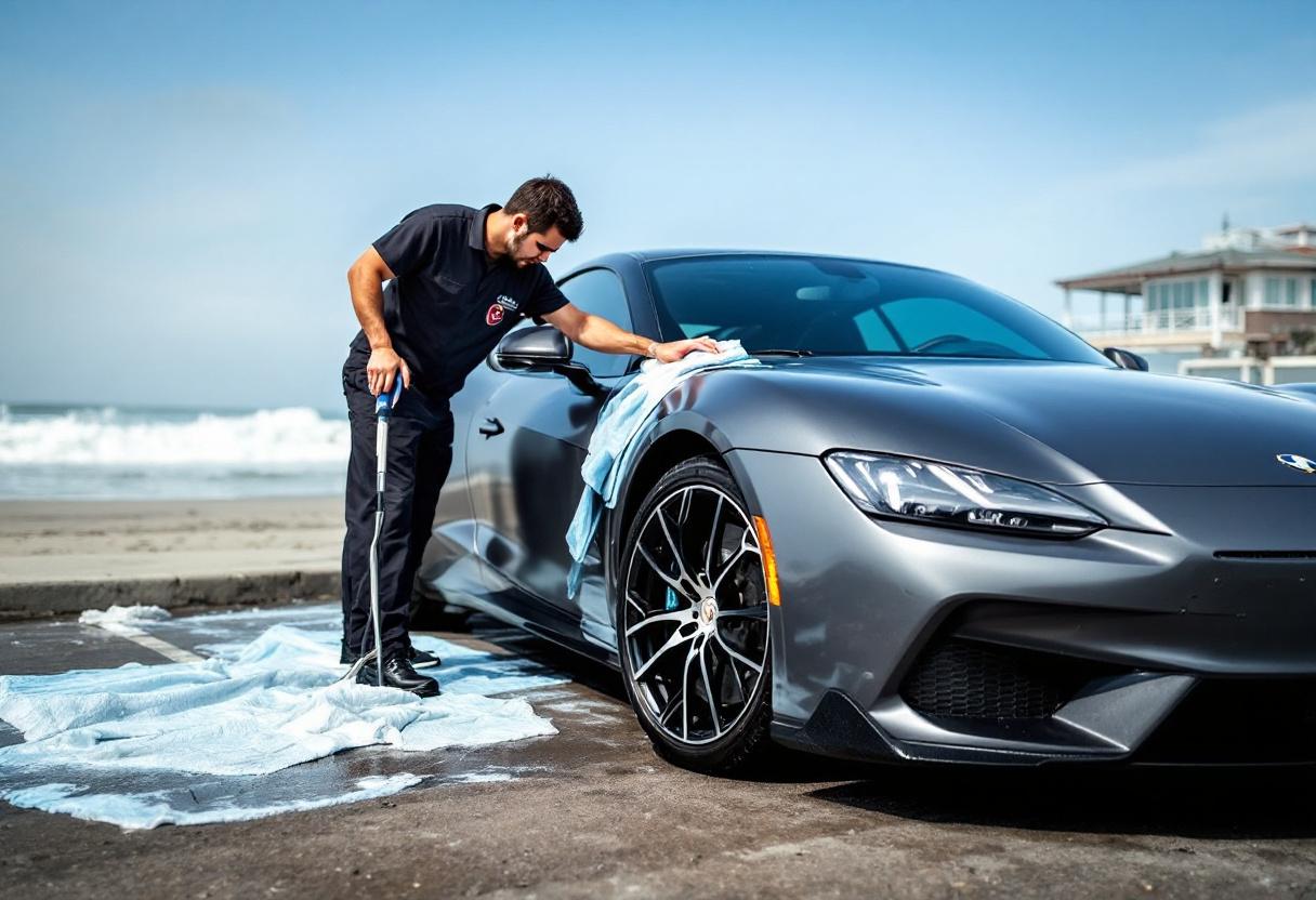 Professional mobile car detailing service in Huntington Beach, Orange County, California - hand washing and detailing luxury vehicle at customer location - JIMENEZ ROYAL WASH