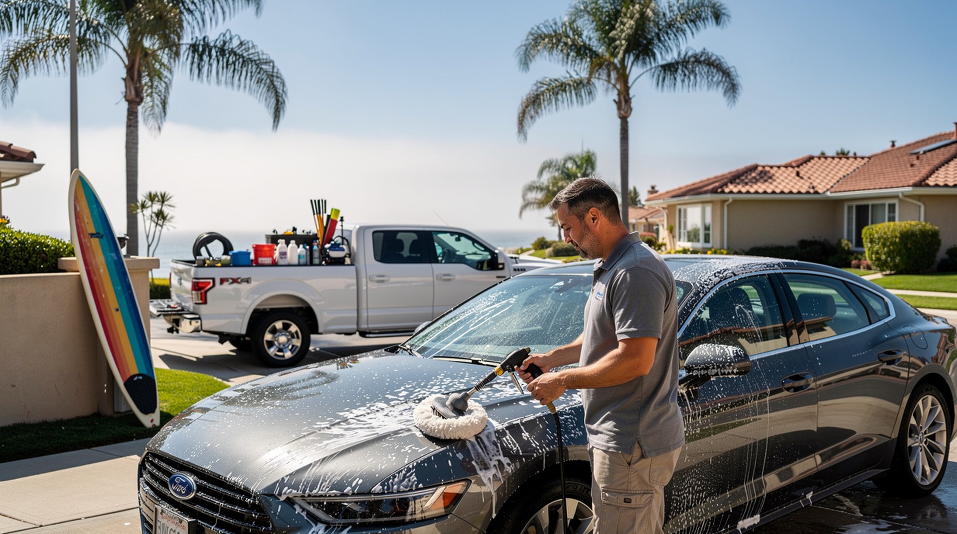 Professional mobile car detailing service in Huntington Beach, Orange County, California - hand washing and detailing luxury vehicle at customer location - JIMENEZ ROYAL DETAILING