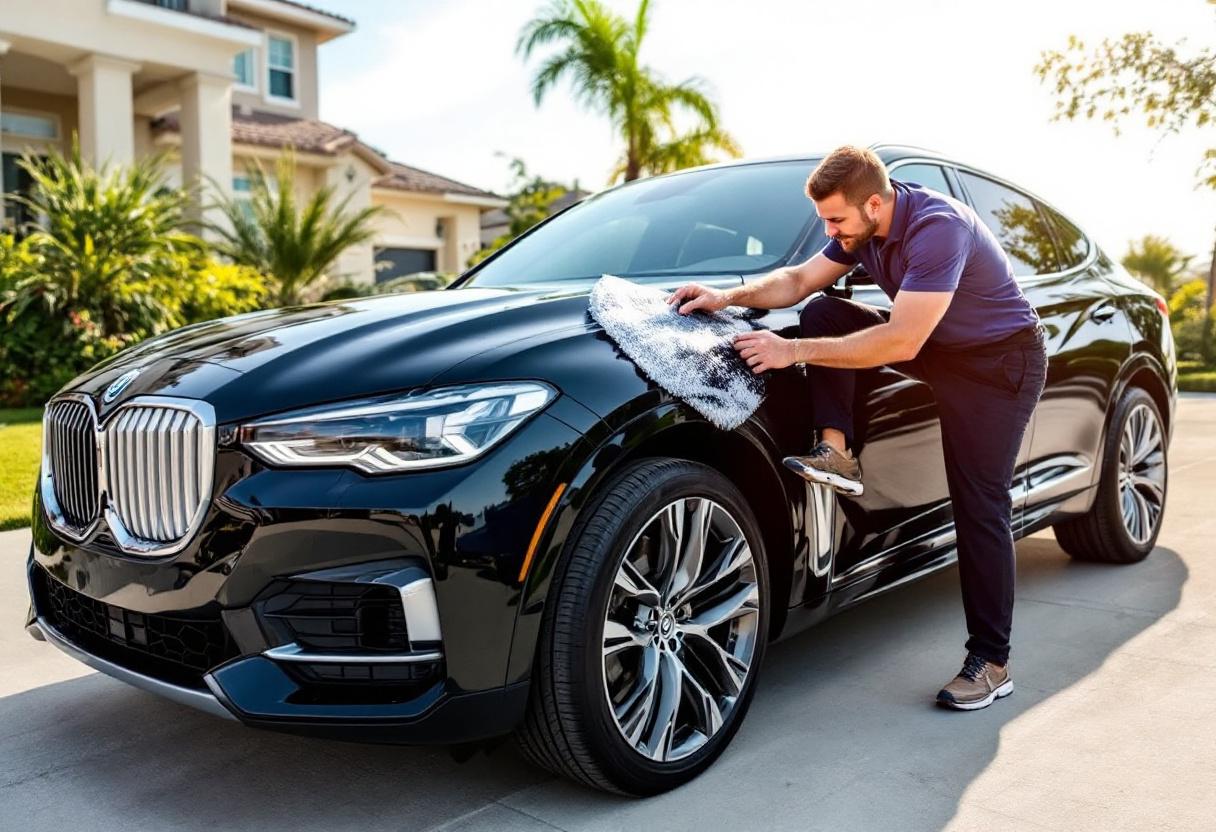 Professional mobile car detailing service in La Habra, Orange County, California - hand washing and detailing luxury vehicle at customer location - JIMENEZ ROYAL WASH