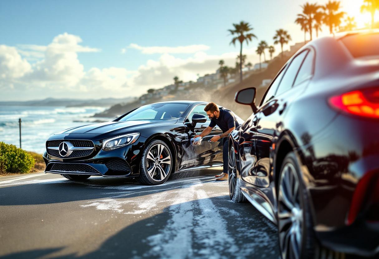 Professional mobile car detailing service in Laguna Beach, Orange County, California - hand washing and detailing luxury vehicle at customer location - JIMENEZ ROYAL WASH