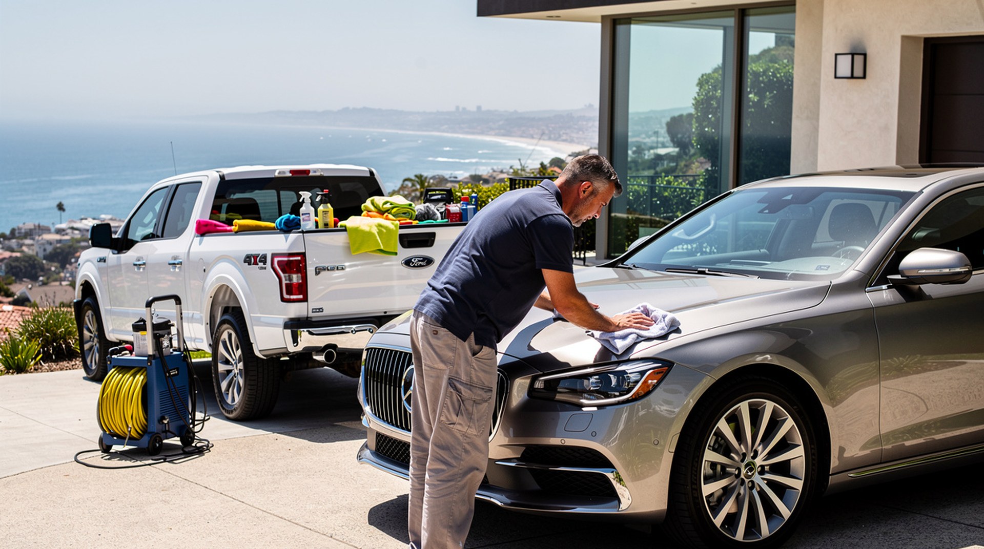 Professional mobile car detailing service in Laguna Beach, Orange County, California - hand washing and detailing luxury vehicle at customer location - JIMENEZ ROYAL DETAILING
