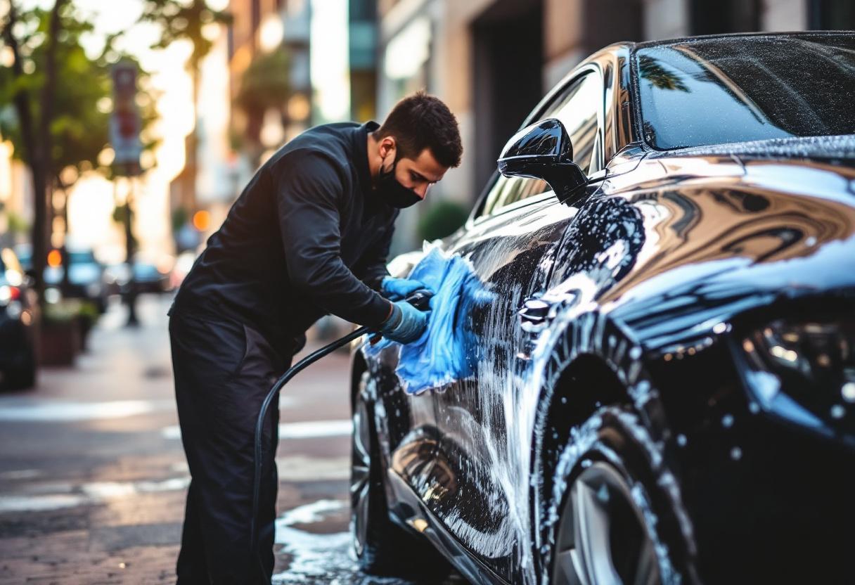 Professional mobile car detailing service in Santa Ana, Orange County, California - hand washing and detailing luxury vehicle at customer location - JIMENEZ ROYAL WASH