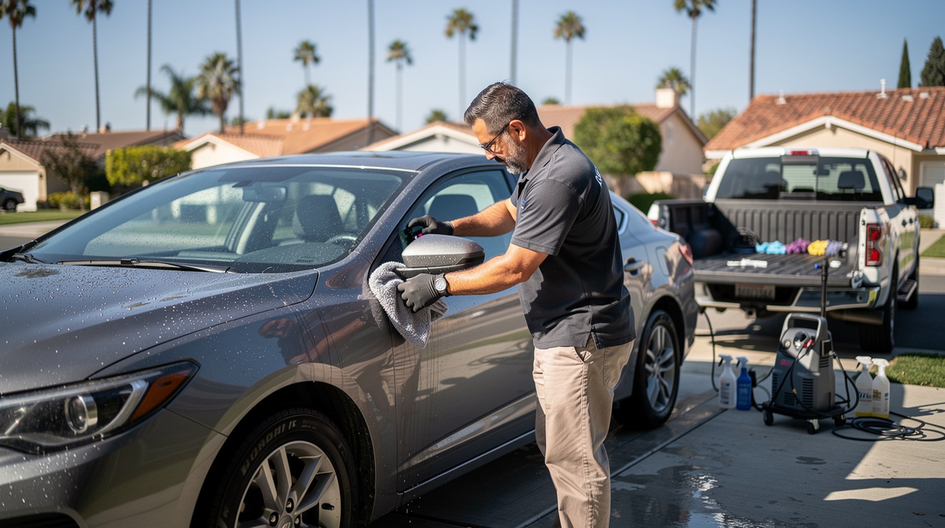Professional mobile car detailing service in Santa Ana, Orange County, California - hand washing and detailing luxury vehicle at customer location - JIMENEZ ROYAL DETAILING