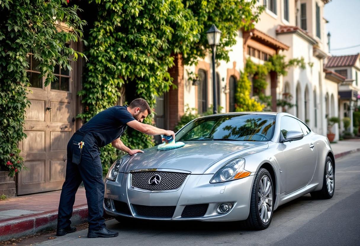 Professional mobile car detailing service in Tustin, Orange County, California - hand washing and detailing luxury vehicle at customer location - JIMENEZ ROYAL WASH